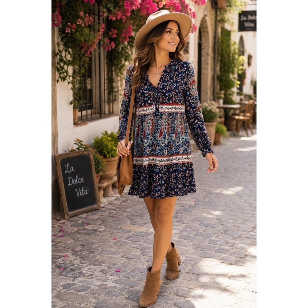 Michael Kors Floral Paisley Boho Mini Dress Women Small Navy Long Sleeve - Picture 1 of 9